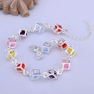 Beautiful Multi - Colored Box Style Ladies Bracelet .925 Solid Sterling Silver